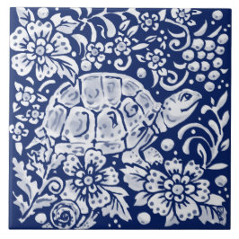 Kobalt Navy Blue Woodland Turtle Snail Floral Tegeltje