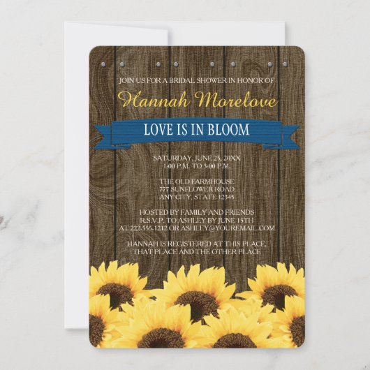 KOBALT RUSTIC SUNFLOWER VRIJGEZELLENFEEST INVITE KAART (Voorkant)