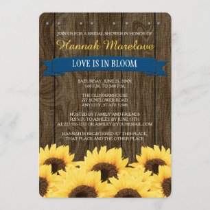 KOBALT RUSTIC SUNFLOWER VRIJGEZELLENFEEST INVITE KAART