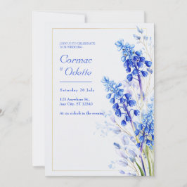 Kobaltblauw Aquarel Muscari Gouden Lijst Bruiloft Kaart