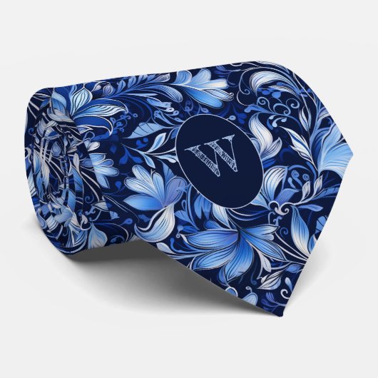Kobaltblauw Botanisch Monogram Stropdas (Opgerold)