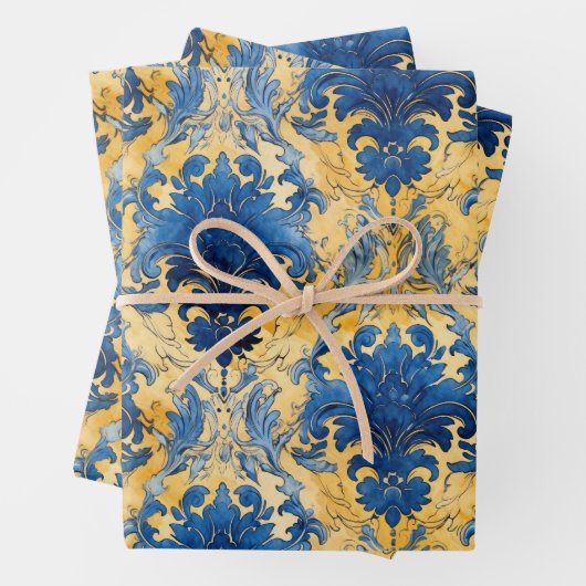 KOBALTBLAUW EN GOUD DAMAST DECORATIEF PAPIER INPAKPAPIER VEL (In situ)