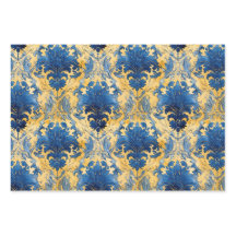 KOBALTBLAUW EN GOUD DAMAST DECORATIEF PAPIER