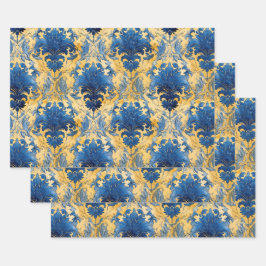KOBALTBLAUW EN GOUD DAMAST DECORATIEF PAPIER INPAKPAPIER VEL