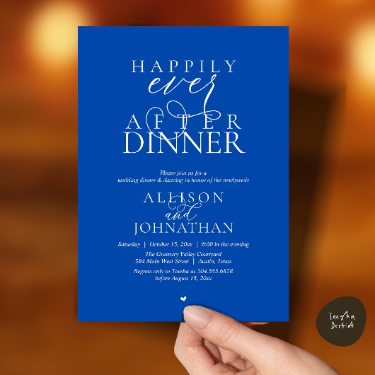 Kobaltblauw Gelukkig Na het Diner Bruiloft Kaart
