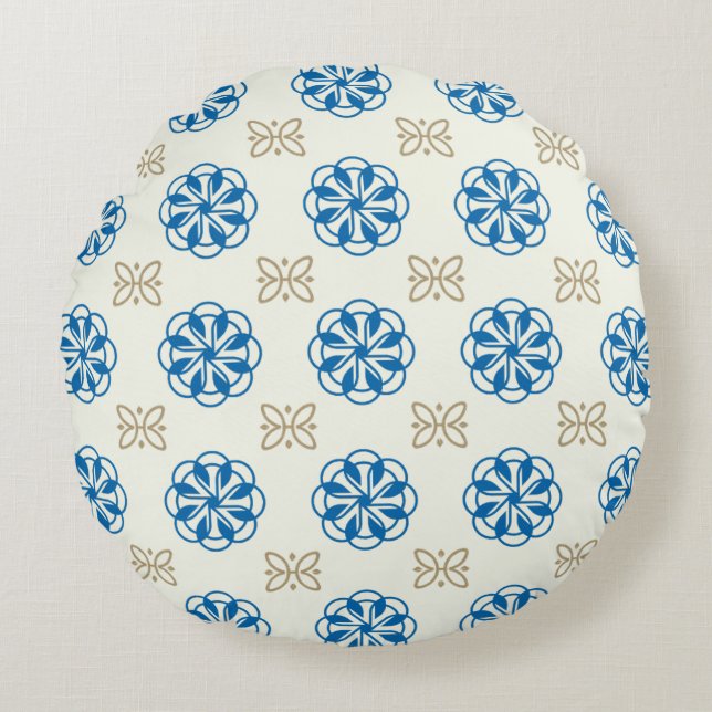 Kobaltblauw & Gouden Bloemendesign Ronde Kussen (Voorkant)