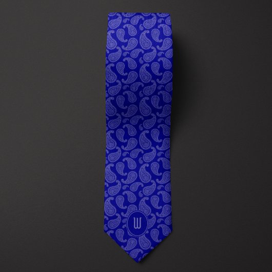 Kobaltblauw Monochroom Monogram Paisley Stropdas