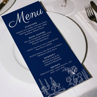 Kobaltblauw Old Money Geïllustreerde Chic Huwelijk Menu