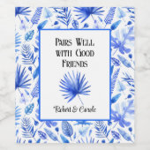 Kobaltblauw op wit tropisch patroon, palmblad wijn etiket (Enkel label)