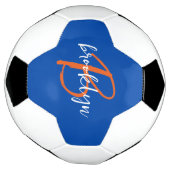 Kobaltblauw Oranje Wit Schrift Monogram Naam Voetbal (Gedraaid)
