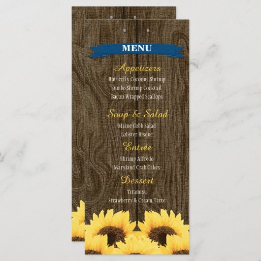 KOBALTBLAUW RUSTIEKE ZONNEBLOEM MENU KAART (Voorkant / Achterkant)