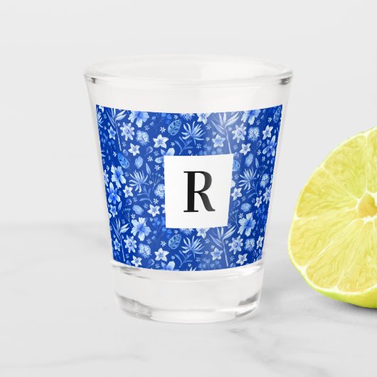 Kobaltblauw Tropisch blad & Bloemen Patroon 1.5oz Shot Glas (Voorkant)