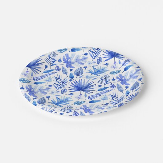 Kobaltblauw Tropisch blad Patroon 7" Papieren Bordje (Gekanteld)