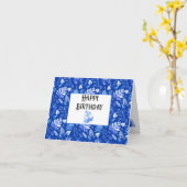 Kobaltblauw Tropisch blad Patroon Gelukkige Verjaa Kaart (Gele Bloem)