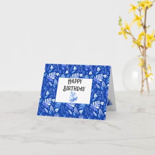 Kobaltblauw Tropisch blad Patroon Gelukkige Verjaa Kaart (Gele Bloem)