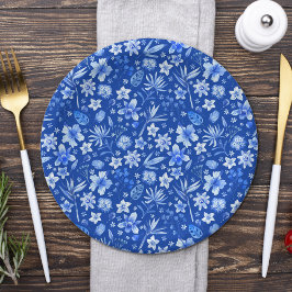 Kobaltblauw Tropische Bloemen en Bladtenpatroon 7" Papieren Bordje