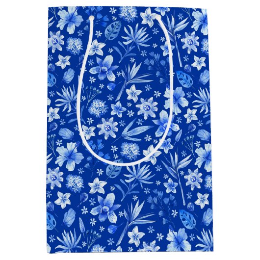Kobaltblauw Waterverf Tropisch bloemenpatroon Medium Cadeauzakje (Voorkant)