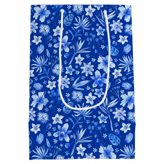 Kobaltblauw Waterverf Tropisch bloemenpatroon Medium Cadeauzakje (Achterkant)