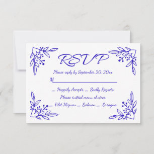 Kobaltblauw & Witte Bloemige Bruiloft RSVP Bloemen Kaartje