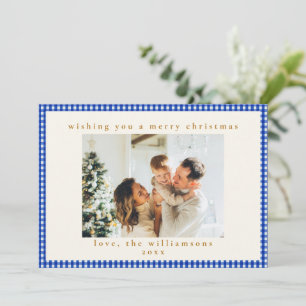 Kobaltblauw Witte Gingham Geruite Familie Kerstmis Feestdagenkaart