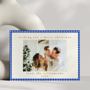 Kobaltblauw Witte Gingham Geruite Familie Kerstmis Feestdagenkaart