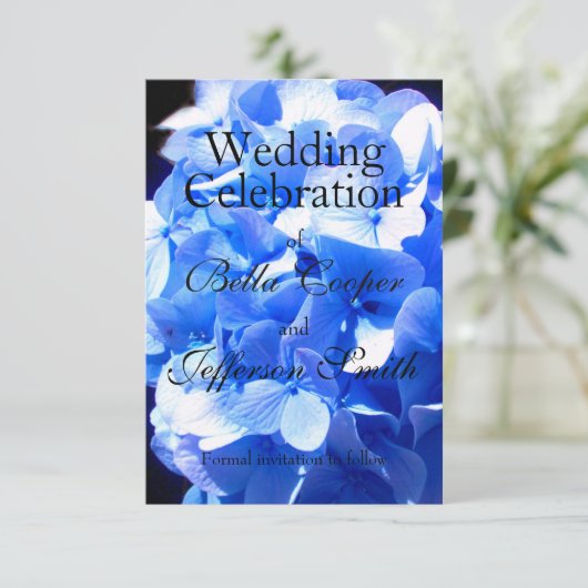 Kobaltblauwe bloemige elegante blauwe hortensia's save the date (Staand voorkant)