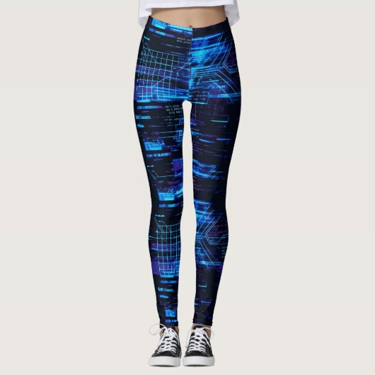 Kobaltblauwe Cyber Glitch Matrix Datastroom Leggings (Voorkant)