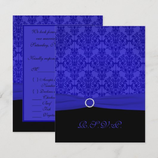 Kobaltblauwe en zwarte damast RSVP-kaart Kaart (Voorkant / Achterkant)