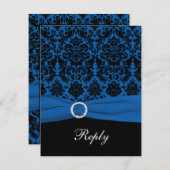 Kobaltblauwe en zwarte damast RSVP-kaart RSVP Kaartje (Voorkant / Achterkant)