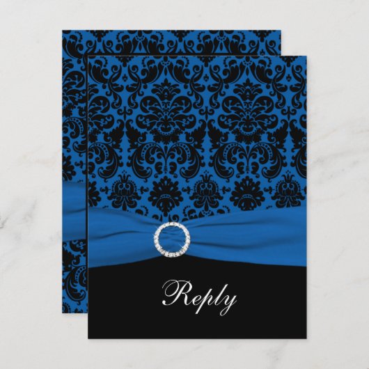 Kobaltblauwe en zwarte damast RSVP-kaart RSVP Kaartje (Voorkant / Achterkant)