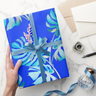 Kobaltblauwe Monstera Bries Cadeaupapier