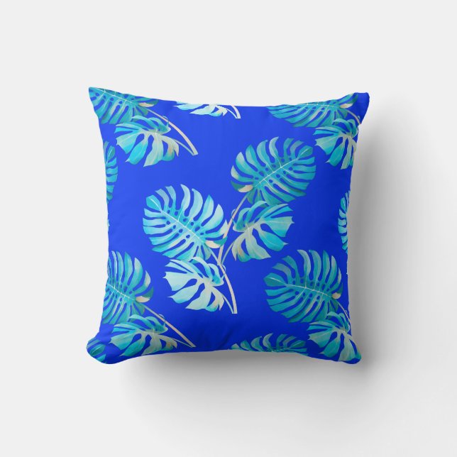 Kobaltblauwe Monstera Bries Kussen (Voorkant)