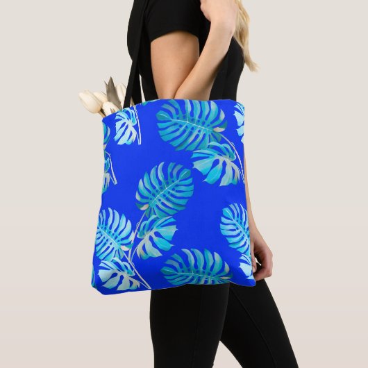 Kobaltblauwe Monstera Bries Tote Bag (Dichtbij)