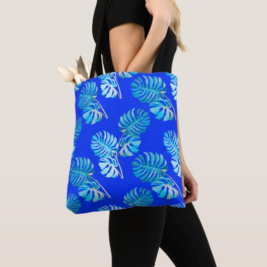 Kobaltblauwe Monstera Bries Tote Bag (Dichtbij)