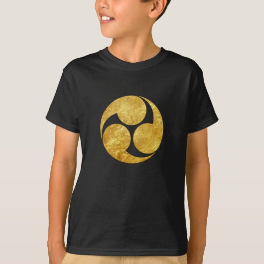 Kobayakawa Mon Japanse clan faux goud in zwart T-shirt (Voorkant)