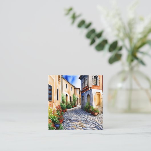 Kobbelstenen pad in een mediterrane omgeving vierkante visitekaartje (Staand voorkant)