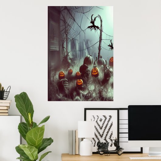 Kobwebben en pompoen | AI Art Poster (Thuiskantoor)