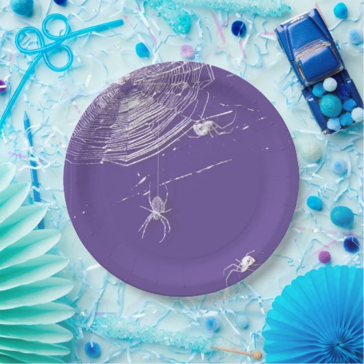 Kobwebben en witte spinnen papieren bordje (Feest)