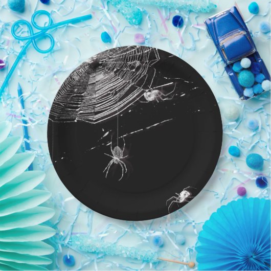 Kobwebben en witte spinnen papieren bordje (Feest)