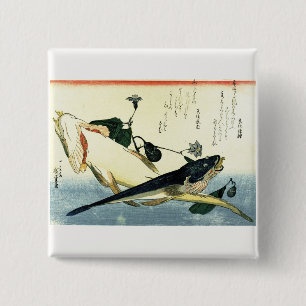 Kochi (Bartail Flathead) Hiroshige's Japanse vis Vierkante Button 5,1 Cm
