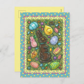 KOCOLAAT EASTER BUNNY, CHICK, EIEREN, JELLY BEANS FEESTDAGENKAART (Voorkant / Achterkant)