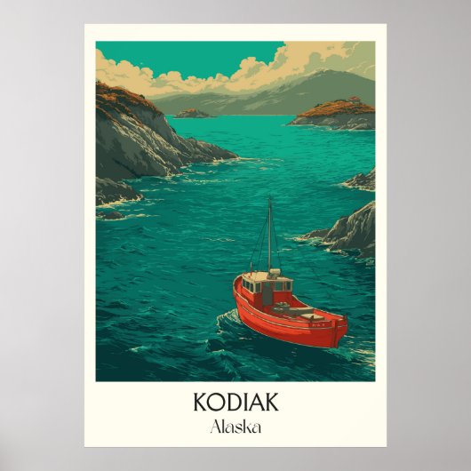 Kodiak Alaska Coastal Town Red Boat Poster (Voorkant)