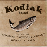 Kodiak Salmon Label (vis) Fotobeeldje Magneet<br><div class="desc">Hij heeft de rechterhelft van een label van een blik van mythische Kodiak Brand Sockeye Salmon, rond 1879. De linkerhelft, met het afbeelding van een Kodiak-Beer, is ook beschikbaar. Het afbeelding van de bruine en de sepia toont een sokkel zalm (Oncorhynchus nerka). De tekst "Kodiak Brand Sockeye Salmon" en "Packed...</div>