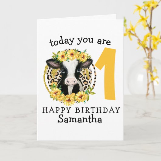 Koe 1e gelukkige verjaardagskaart kaart (Gele Bloem)