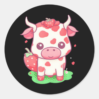 Koe Aardbei Schattige Kawaii Roze Pastel Aardbei Ronde Sticker