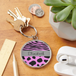 Koe afdrukken, Koe spots, Zebrastrips, Jouw naam Sleutelhanger