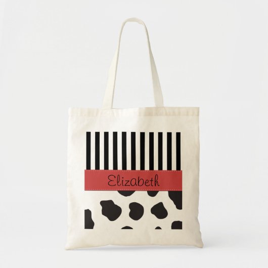 Koe afdrukken, Stripes, zwart-wit, Jouw naam Tote Bag (Voorkant)