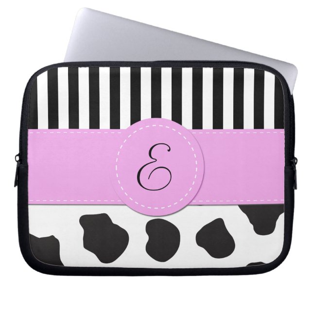 Koe Afdrukken, Stripes, Zwart-wit, Monogram Laptop Sleeve (Voorkant)