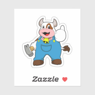 Koe als ambachtsman met Hammer Sticker