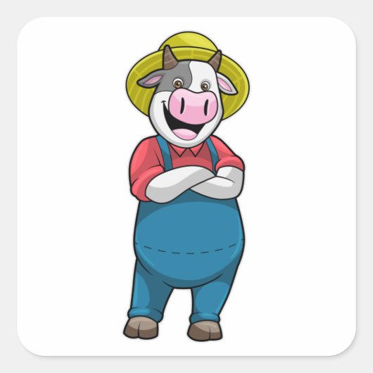 Koe als landbouwer met Pet Vierkante Sticker (Voorkant)